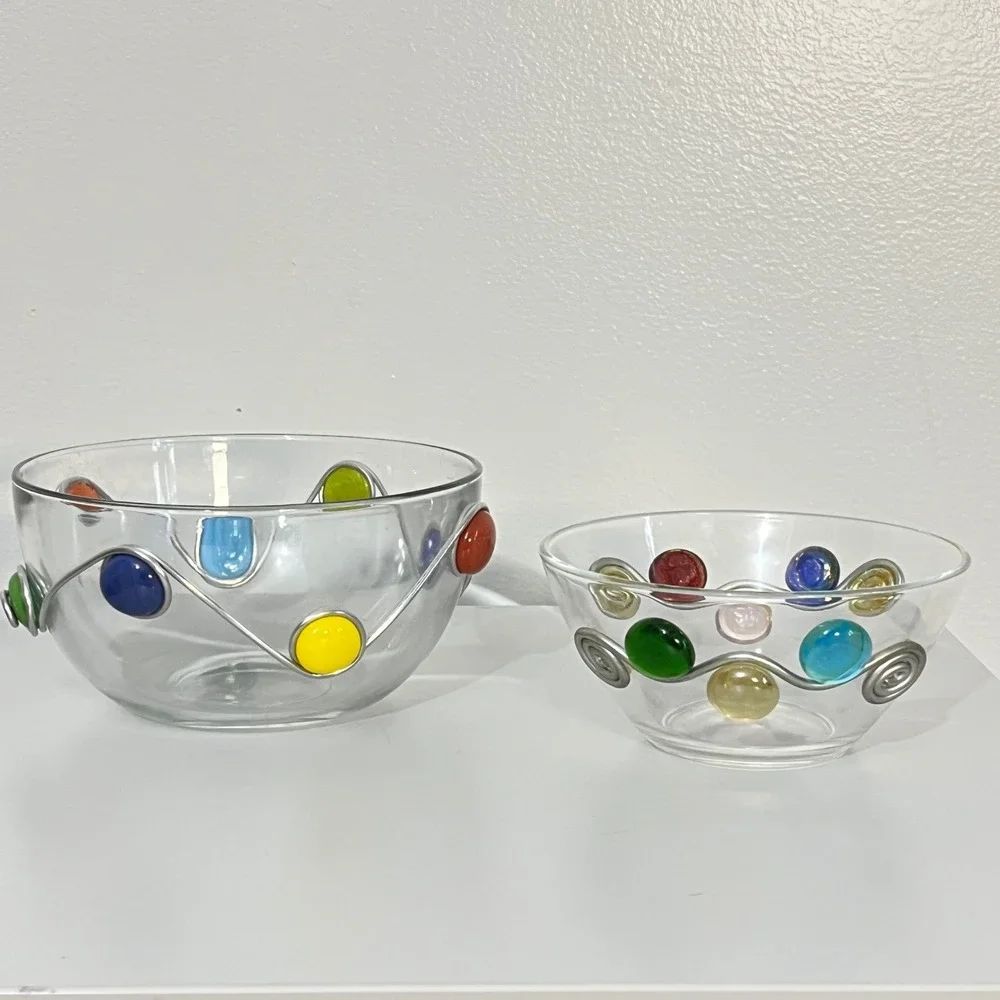 Set of 2 ARC FRANCE‎ Clear Glass Bowls Swirl Wire Colorful Gem Accent